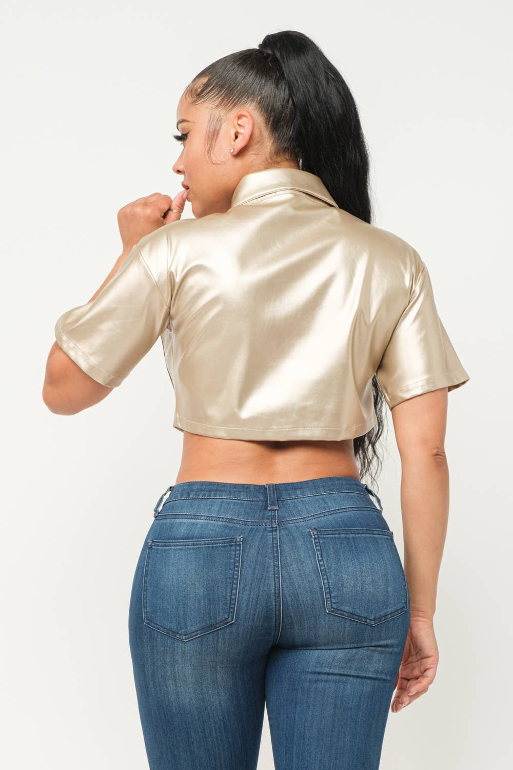 Leather Front Button Down One Pocket Detail Top