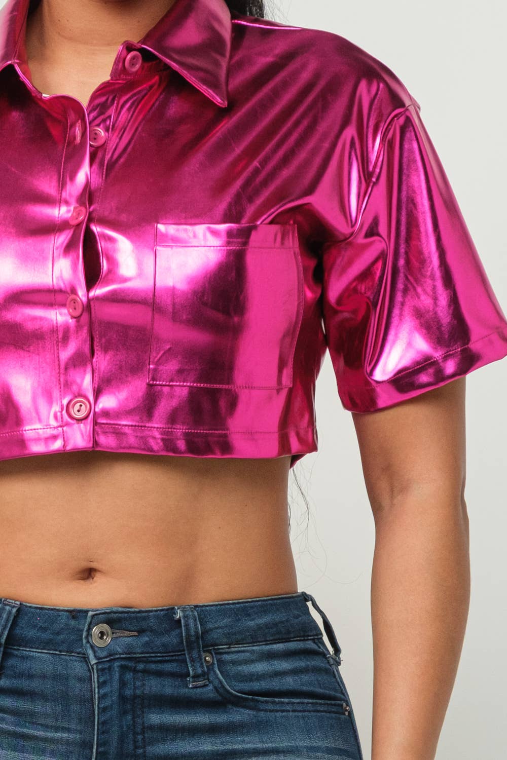 Leather Front Button Down One Pocket Detail Top