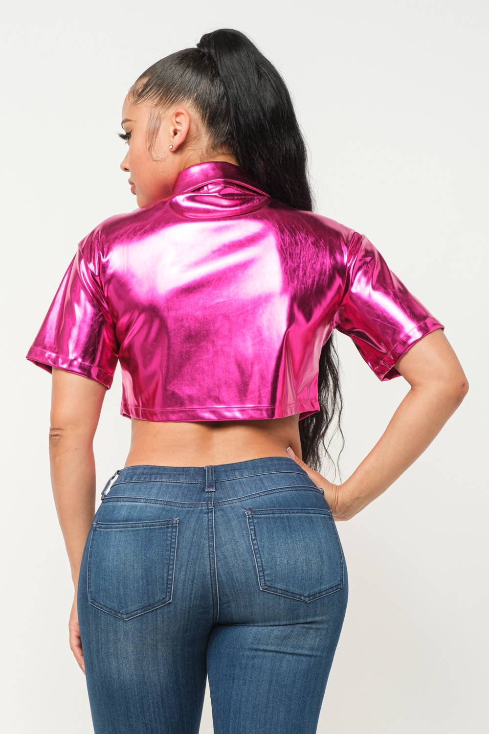 Leather Front Button Down One Pocket Detail Top