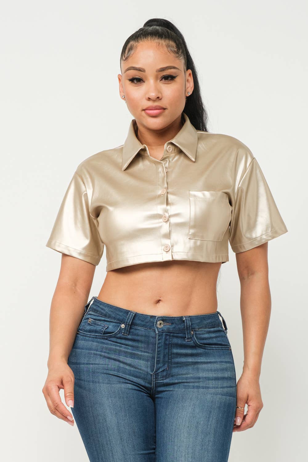 Leather Front Button Down One Pocket Detail Top