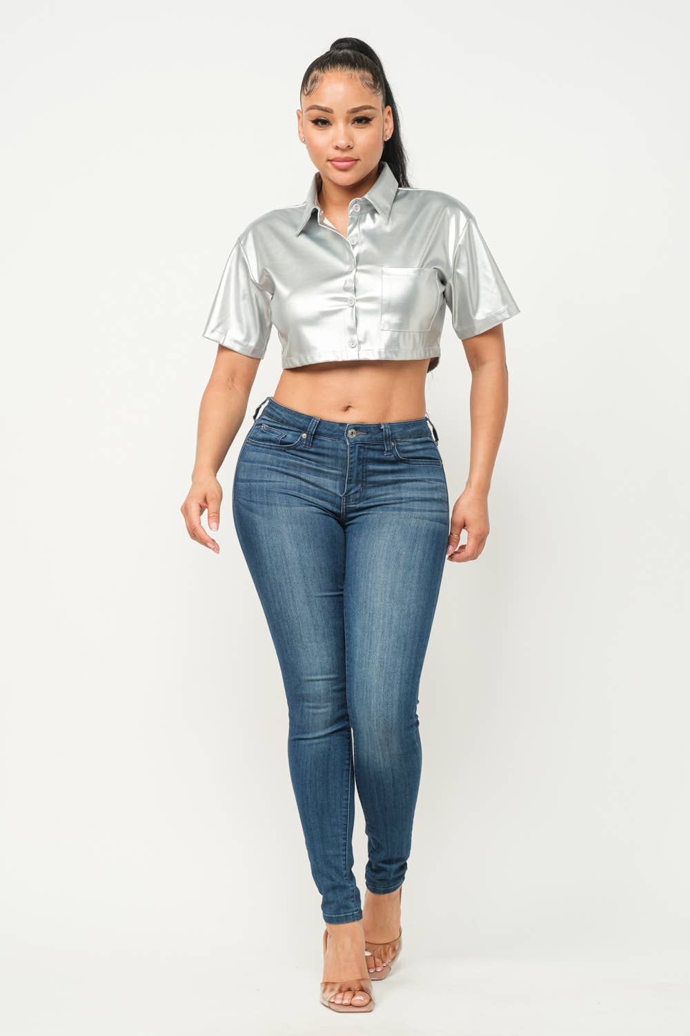 Leather Front Button Down One Pocket Detail Top