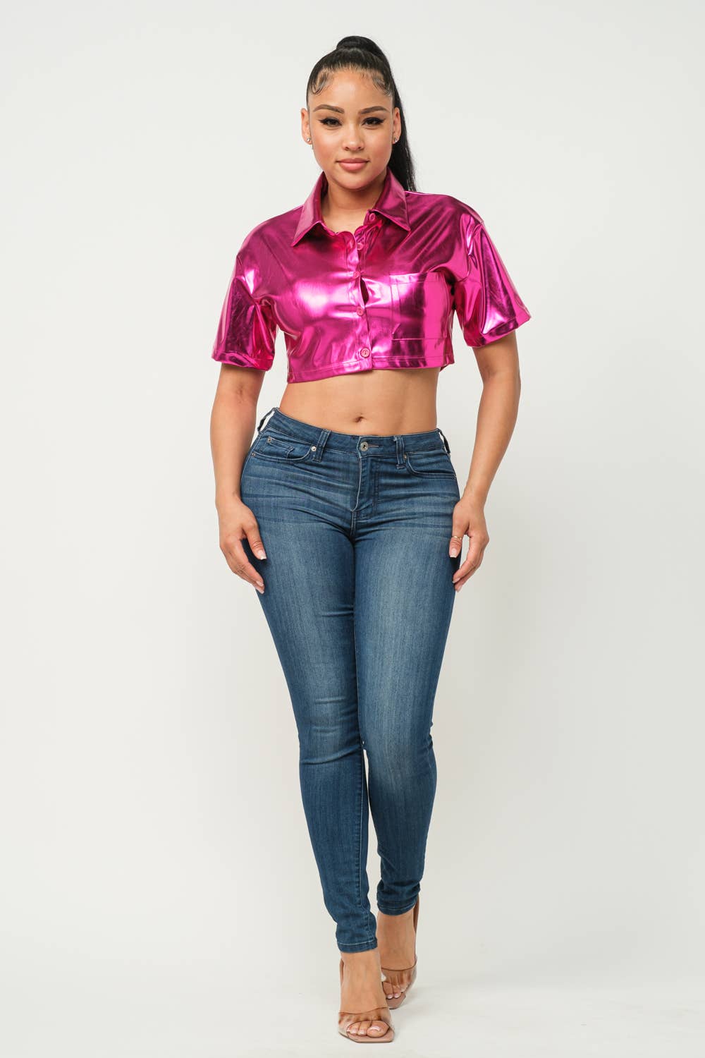 Leather Front Button Down One Pocket Detail Top