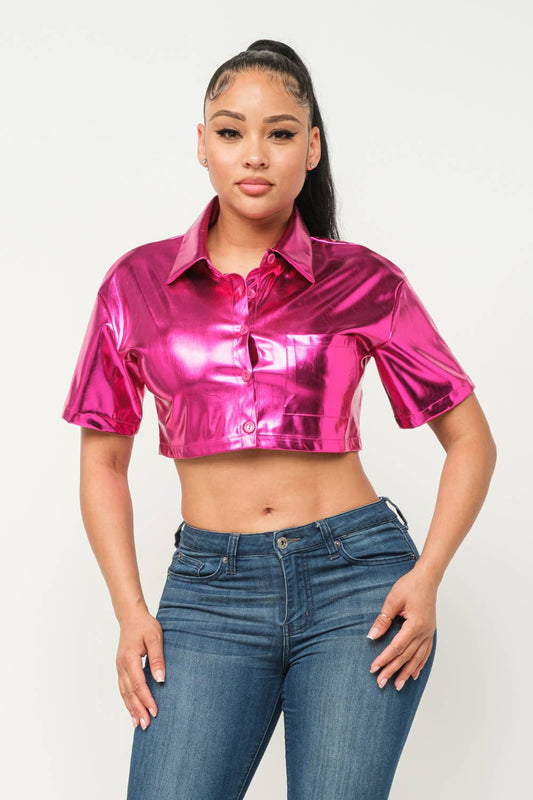 Leather Front Button Down One Pocket Detail Top